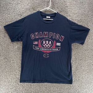 Vintage Olympics Shirt Mens Large Blue 1996 Champion 90s Cotton Short Sleeve
